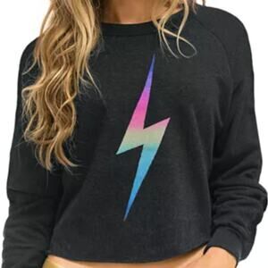 Aviator Nation Rainbow Bolt Cropped Gray Boxy Crewneck Sweatshirt Womens Sz XS